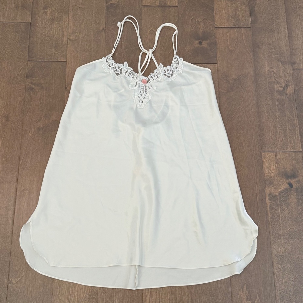 Angelique Ivory Satin Lace Trim Chemise Nightgown Cage Back Rosette Accent